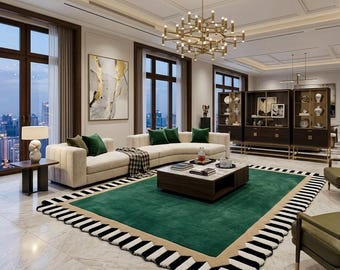 Hand Tufted Emerald Green Wool Area Rug, Modern Geometric Border Carpet