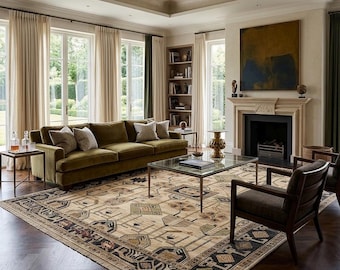 Handknotted Oushak Wool Area Rug, Beige Black Tribal Pattern, Vintage Style Carpet