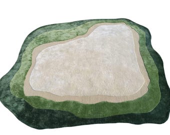 Hand-Tufted Wool & Silk Rug: Green Beige Irregular Area Carpet