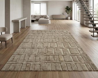 Handknotted Wool Rug, Taupe Greige Geometric Textured Carpet, Modern Minimalist Area Rug