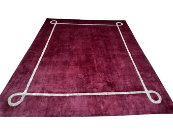 Hand Knotted Silk Rug, Burgundy Red, Minimalist Border