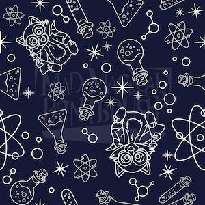 May include: Dark blue seamless pattern featuring white line art of cartoon creatures, laboratory flasks, atoms, and stars. The text "MAD MAGICAL PAINTBRUSH" is partially visible. This design is suitable for science or fantasy themes.