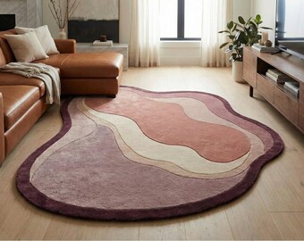 Abstract Area Rug, Irregular Blush Pink Layered Carpet, Modern Scandinavian Style