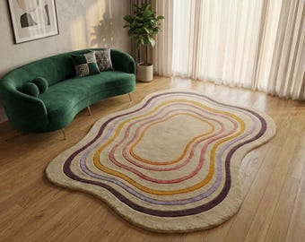 70s Wavy Abstract Area Rug, Irregular Organic Shape, Pastel Boho Decor