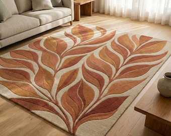 Hand-Tufted Wool Leaf Pattern Area Rug, Botanical Terracotta Beige Modern Home