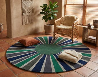70s Sunburst Round Rug, Emerald Green, Navy, Mid-Century Modern