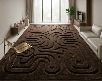 Hand-tufted Chocolate Brown Abstract Maze Rug, Modern Geometric Carpet