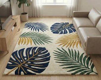 Tropical Leaf Area Rug, Modern Navy Green Mustard Palm Carpet