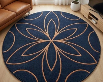 Navy Blue Round Floral Botanical Rug, Modern Leaf Pattern Carpet