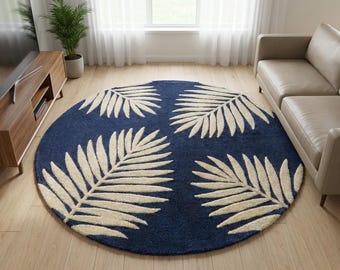 Navy Blue Palm Leaf Round Rug, Coastal Tropical Decor