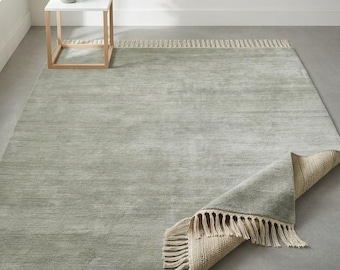 Hand Knotted Wool Rug, Sage Green Minimalist Fringe Carpet, Neutral Living Room亚麻地毯