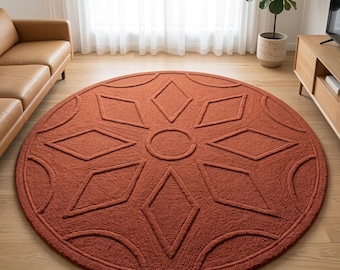 Terracotta Geometric Round Rug, Modern Boho Living Room Carpet