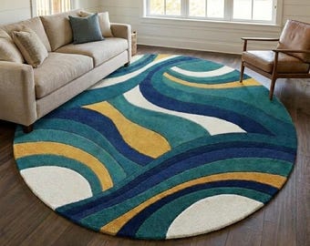Round Abstract Wave Rug, Teal Navy Mustard Living Room Carpet, Japandi Scandinavian Decor