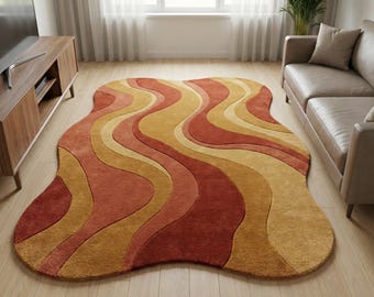 Hand Tufted Wool Rug – Retro Wavy Abstract Design, Earth Tone Palette