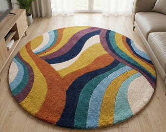 Hand Tufted Wool Rug – Retro Rainbow Wave, Mid Century Modern Style