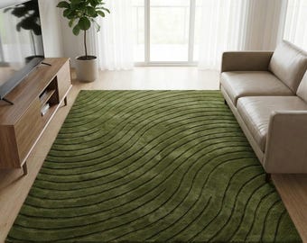 Olive Green Abstract Wave Rug, Plush Textured Modern Carpet, Living Room Floor Decor