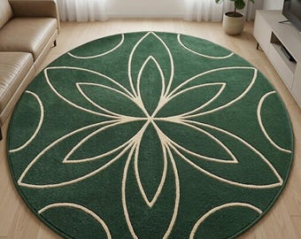 Sage Green Round Floral Botanical Rug, Hand Tufted Wool Carpet