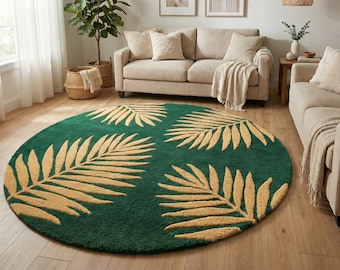 Green Tropical Palm Leaf Round Rug, Boho Coastal Decor