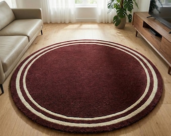 Hand Tufted Burgundy Wool Round Rug – Modern Double Border Design