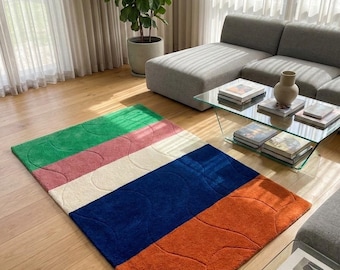Color Block Rug, Abstract Striped Plush Carpet, Mid Century Modern Decor