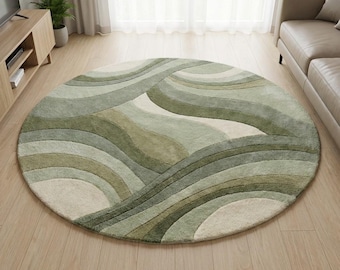 Hand Tufted Wool Rug, Abstract Green Wave Design, Modern Round Carpet