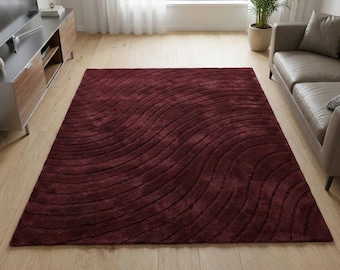 Burgundy Abstract Wave Plush Area Rug, Modern Sculpted Living Room Carpet