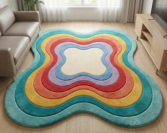 Hand Tufted Wool Rug – Irregular Rainbow Wavy 70s Style