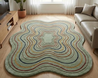 Sage Green Wavy Rug, 70s Retro Abstract Carpet, Organic Shape