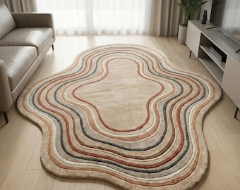 Abstract Wavy Area Rug, Beige Retro Contour Design