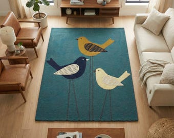 Hand-Tufted Wool Area Rug | Teal Botanical Bird Motif