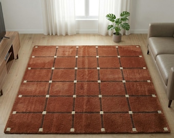 Hand-Tufted Wool Rug, Rust Orange Geometric Grid Carpet, Modern Living Room Home