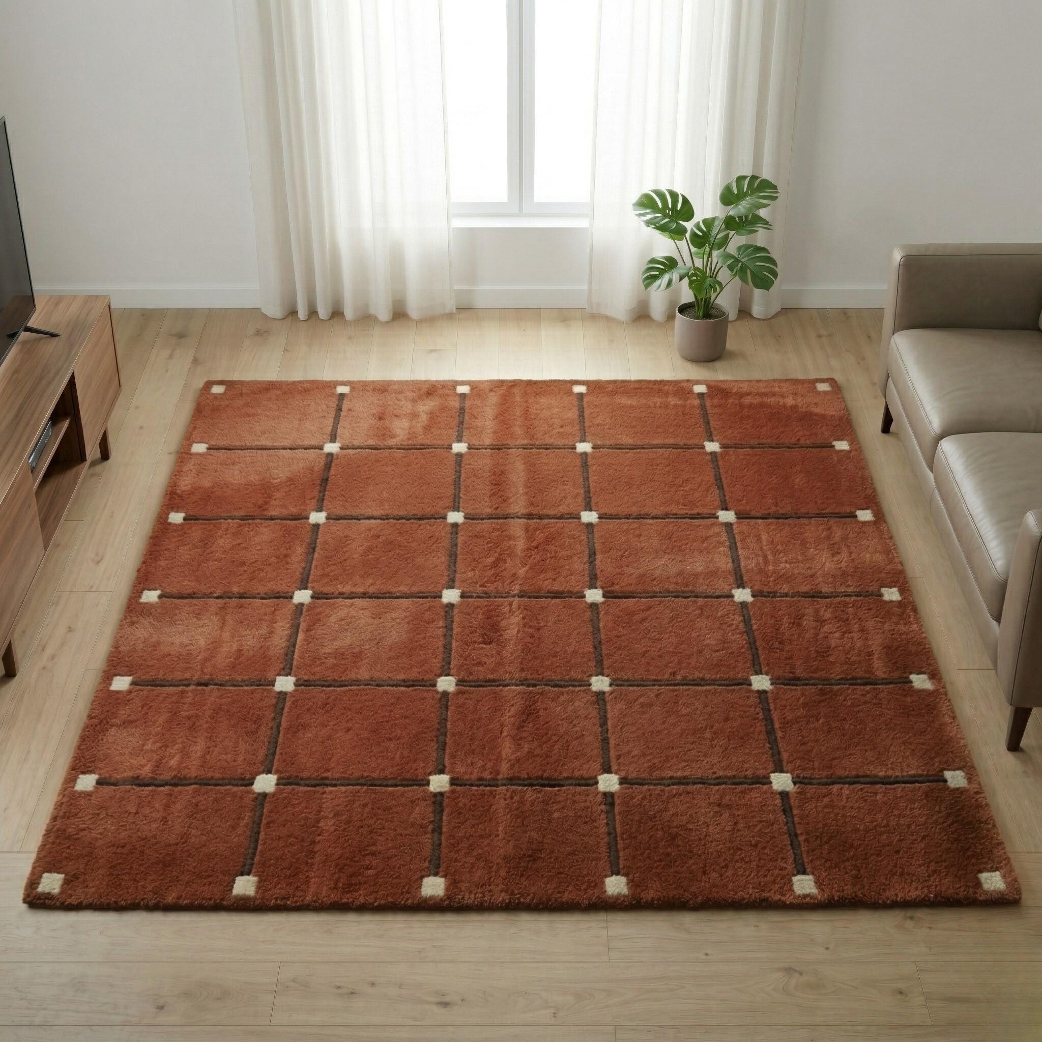 Hand-tufted Wool Rug, Rust Orange Geometric Grid Carpet, Modern Living ...