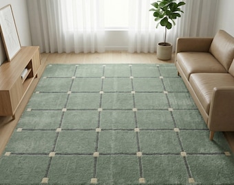 Sage Green Hand-Tufted Wool Rug, Modern Geometric Grid Carpet