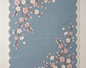 Hand-Tufted Wool Cherry Blossom Rug, Scalloped Edge, Dusty Blue Floral Carpet