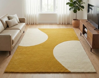 Mustard Yellow Abstract Rug, Modern Geometric Scandinavian Carpet