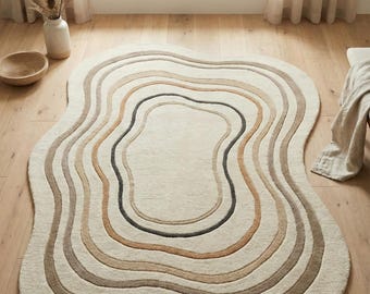 Beige Abstract Wavy Rug, Irregular Organic Shape, Scandinavian Style