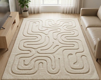 Abstract Maze Tufted Rug, Neutral Ivory Scandinavian Carpet, Modern Carved Texture