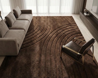 Modern Brown Abstract Wave Plush Area Rug, Contemporary Living Room Carpet