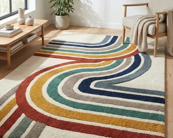 Retro Rainbow Wavy Rug, Mid Century Modern Plush Carpet