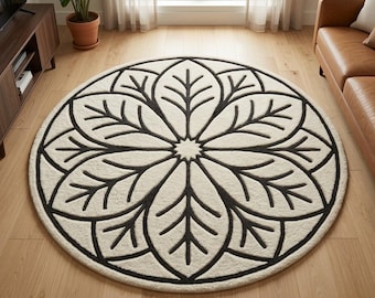 Round Leaf Mandala Rug, Botanical Wool Area Rug, Scandinavian Living Room Decor