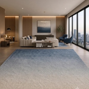 May include: A large, rectangular rug with a colour gradient, fading from light beige to deep blue. The rug is the focal point of a modern living room, complementing the neutral-toned furniture and wooden accents. The room features large windows with a city view.