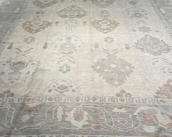 Pode incluir: Um tapete retangular grande com um intrincado padrão floral desbotado em tons de bege, cinza e ferrugem suave. O tapete tem uma borda com desenhos geométricos e um visual vintage desgastado.