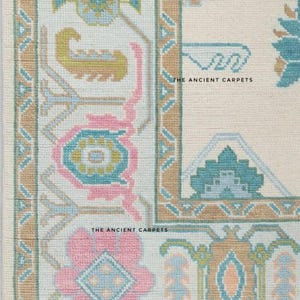 8x10 Ivory Oushak Rug Hand Knotted Turkish Wool Rug Pastel Blue Pink Yellow Green Oriental Area Rug Vintage Style Boho Living Room Rug 9x12