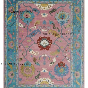 Oushak Rug 9x12 Pink & Blue Turkish Wool Rug Large 8x10 Vintage Style Oriental Area Rug, 6x9 Boho Living Room and Dining Area Floor Decor
