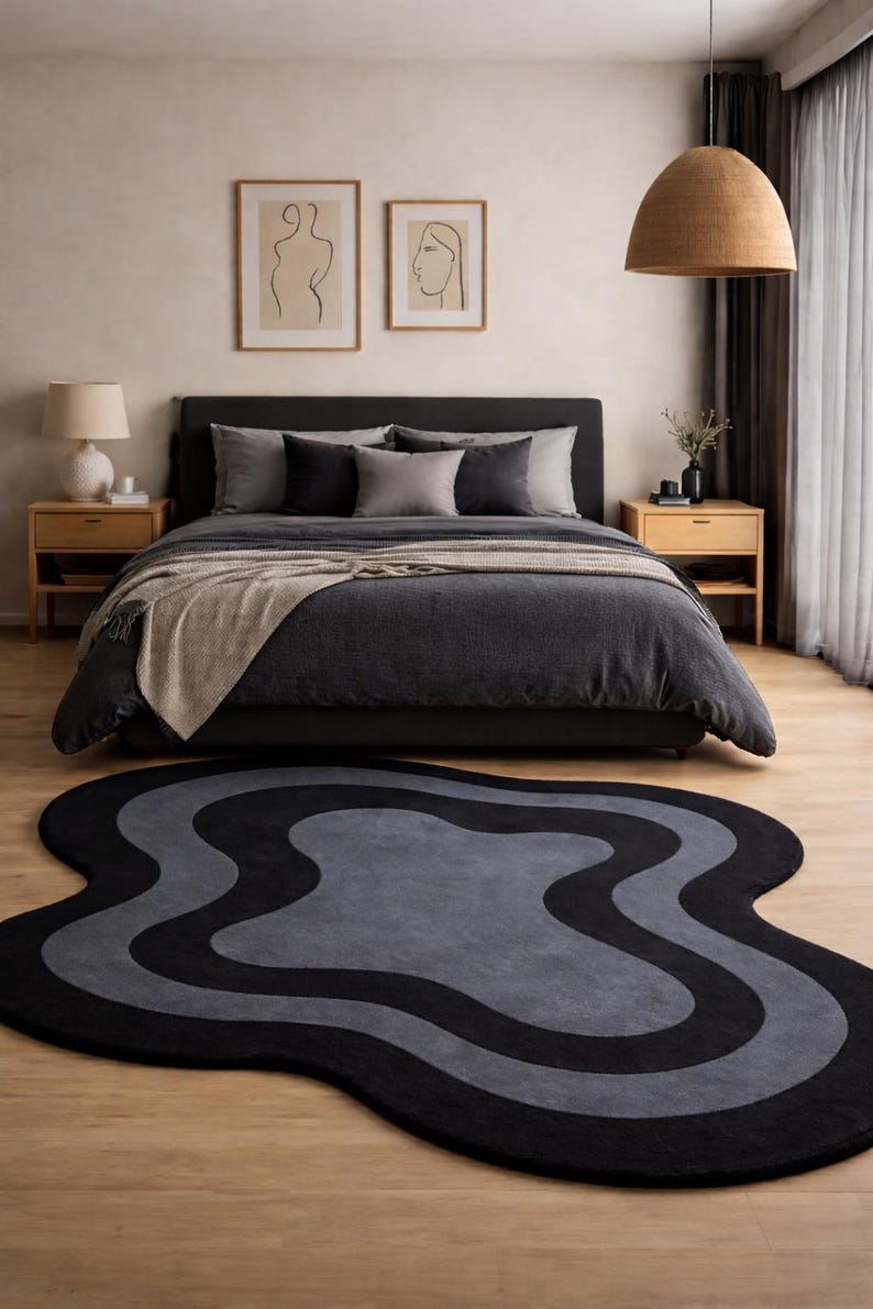 Modern Abstract Hand Tufted Wool Rug, Handmade Curved Design Area Rug ...