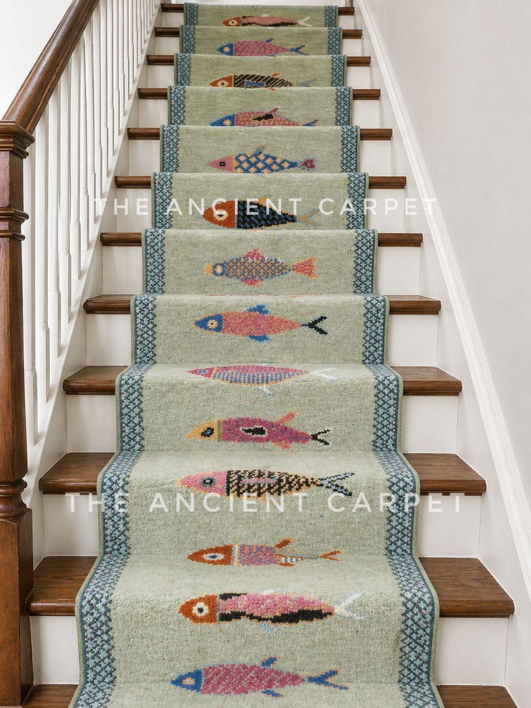 Handmade Fish Runner Rug 2x7/3x10 Koi Fish Runner Rug Green Colorful ...