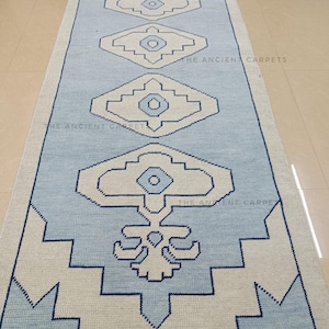 Hand Knotted Geometric Blue Runner Rug | Turkish Style Narrow Hallway Rug | Soft Blue Turkish Knot Rug| Antique Oushak Wool Area Runner Rug