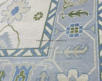 6x9 / 8x10 Blau Grüner Oushak Handgeknüpfter Wollteppich Floraler Oushak Teppich 9 x 12 Fuß Traditioneller türkischer Stil Weicher, gedämpfter Oushak Wollteppich