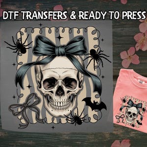 Halloween Skull with Bow DTF, Preppy Spooky Cute DTF Transfer Ready For Press, Gift For Her DTF, Dtf Prints, Ready To Press, Direct To Film