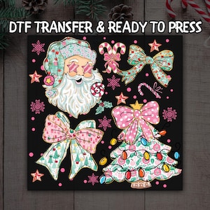 Retro Pastel Santa DTF, Pink Christmas Tree & Bows DTF Transfer Ready For Press, Cute Winter DTF, Dtf Prints, Ready To Press, Direct To Film
